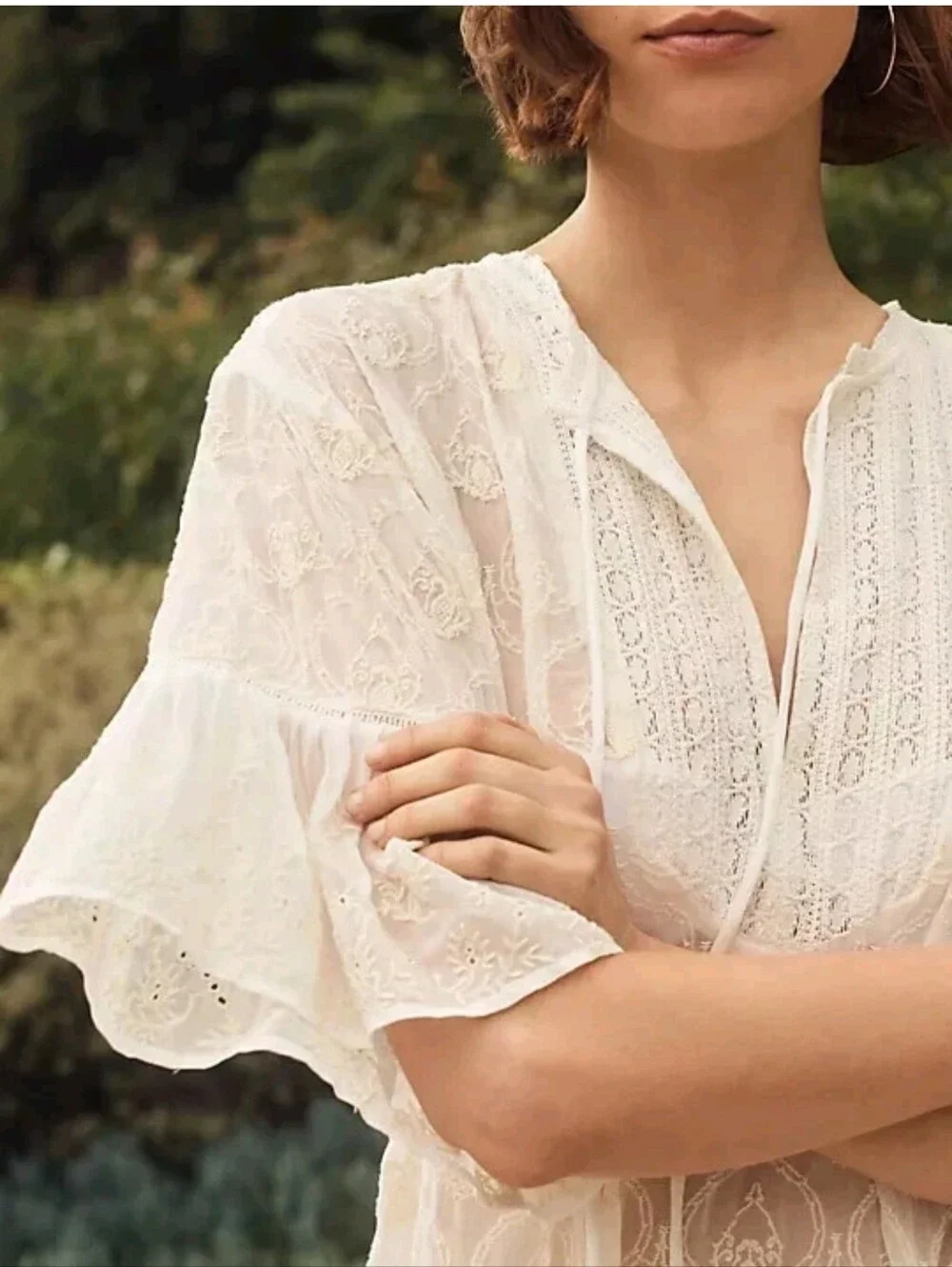 By Anthropologie The Deco Flutter Sleeve Sheer Open Back Tunic Top - Cream - Picture 3 of 12
